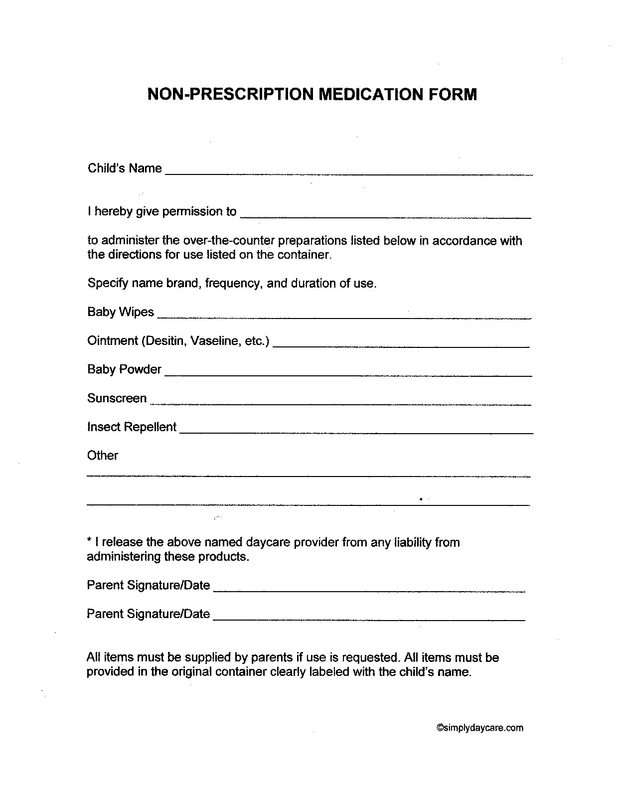 Daycare Over-the-Counter Medication Form